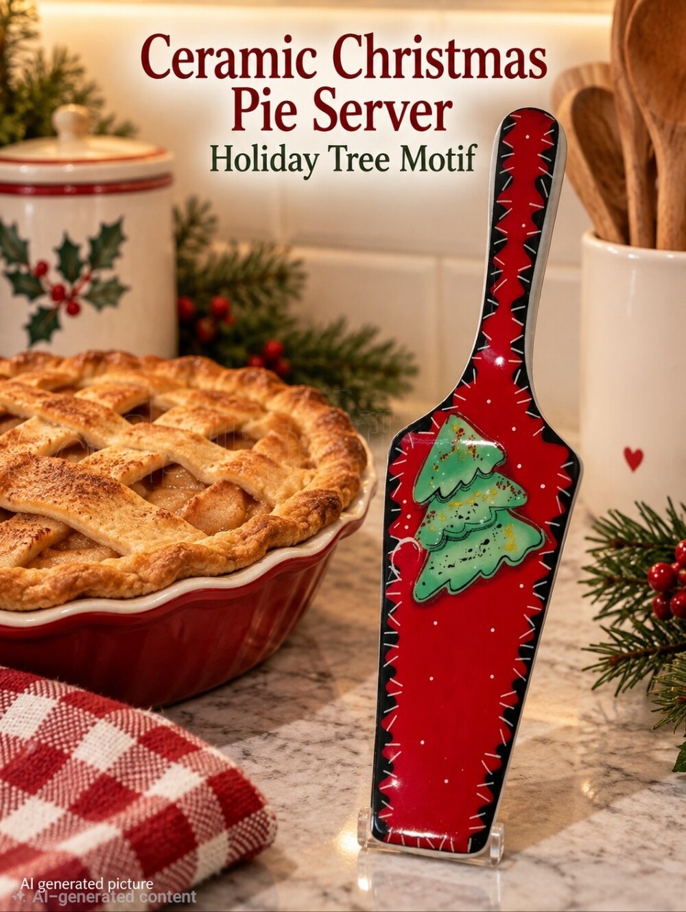 Ceramic Christmas Pie Server Holiday Tree Motif